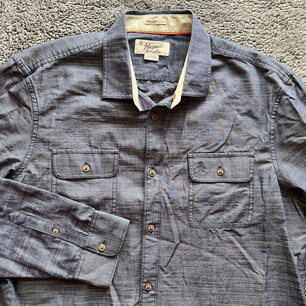 Penguin Blue Long Sleeve Button Up Heritage Slim Fit Shirt Mens XL